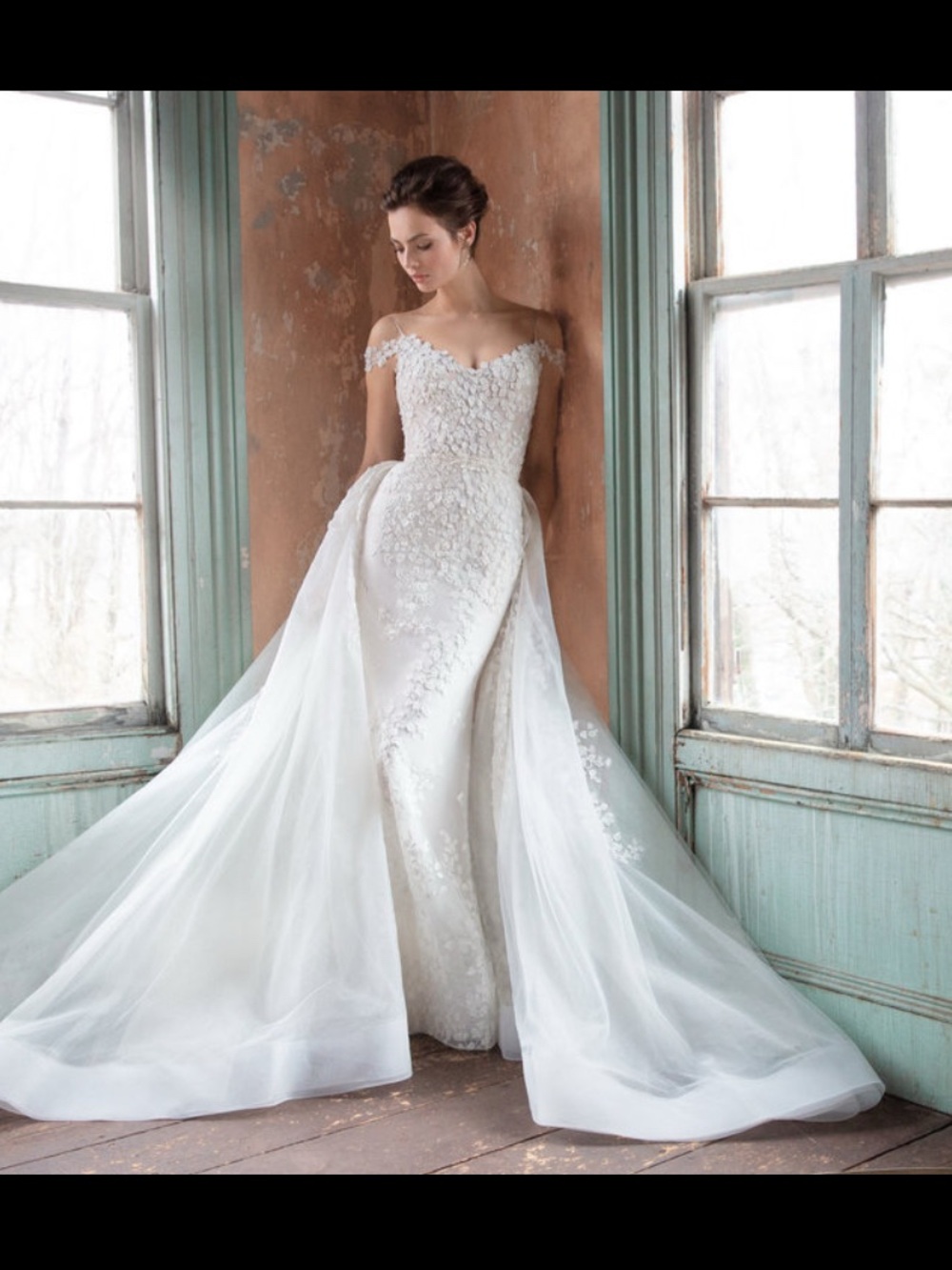 Lazaro Olivia White Lace Bridal Gown with Overskirt